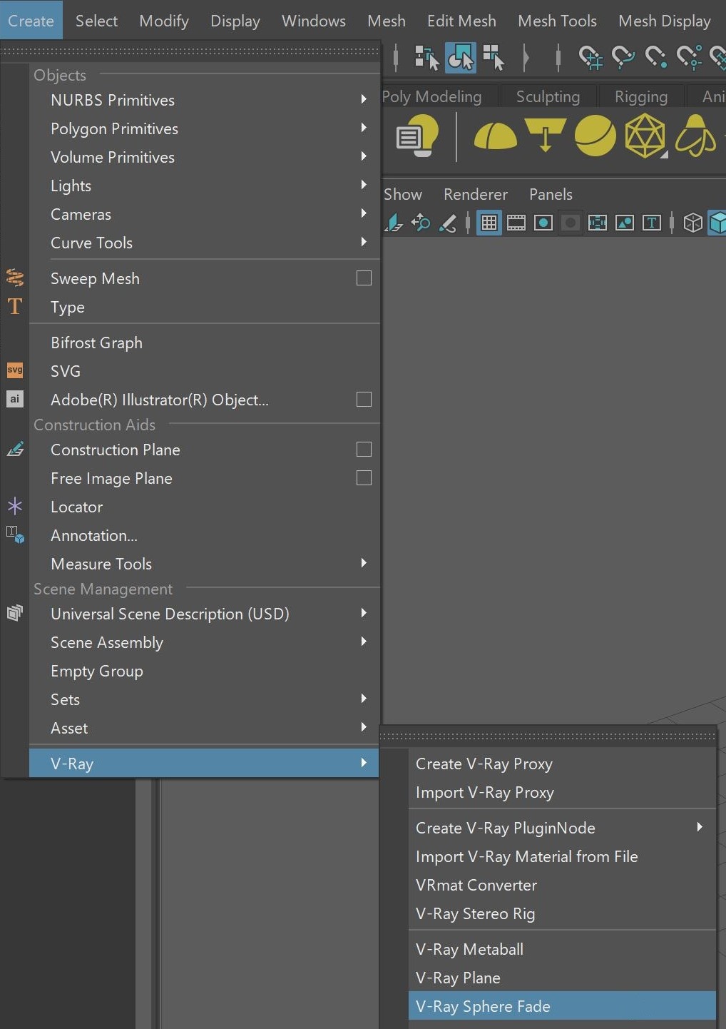 V-Ray for Maya > VRaySphereFadeVolume > maya2022_60010_vraySphereFade_CreateMenu.jpg