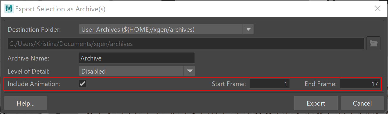 V-Ray for Maya > XGen Archive Primitives > maya2022_60001_XGEn_exportselection.png